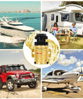 Heavy Duty 12V Electric Fuel Transfer Pump 120 GPH Grab And Go Gasoline And Diesel Siphon Kit with vehicles and marine scenes.