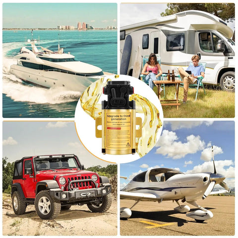 Heavy Duty 12V Electric Fuel Transfer Pump 120 GPH Grab And Go Gasoline And Diesel Siphon Kit with vehicles and marine scenes.