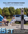 Outdoor scene with a Level 2 EV Charger With WiFi App, 32A J1772, 25Ft Extension Cord beside a parked electric vehicle.