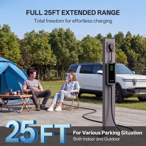 Outdoor scene with a Level 2 EV Charger With WiFi App, 32A J1772, 25Ft Extension Cord beside a parked electric vehicle.