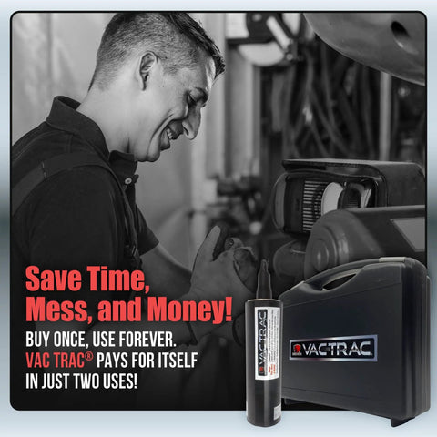 Mechanic using Hydraulic Fluid Saver Vacuum Tool for Tractor Filter Changes Oil Suction Pump Kit with VAC TRAC case