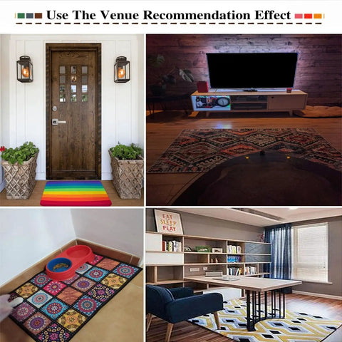 Various rugs in home settings, highlighting versatile use of Steam Train Area Rug With Locomotive Engine Design, 8 By 10 Feet, flannel rug.