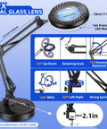 Diagram of 12X Magnifying Glass With Light And Stand, 144 LED Desk Magnifier Lamp With Base and Clamp, showing angles and dimensions.