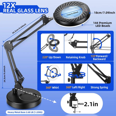 Diagram of 12X Magnifying Glass With Light And Stand, 144 LED Desk Magnifier Lamp With Base and Clamp, showing angles and dimensions.
