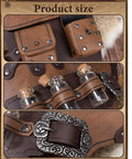 Close-up of Adjustable Gothic Spaulders With Vials And Coin Pouch Armor, featuring brown leather details and buckle.