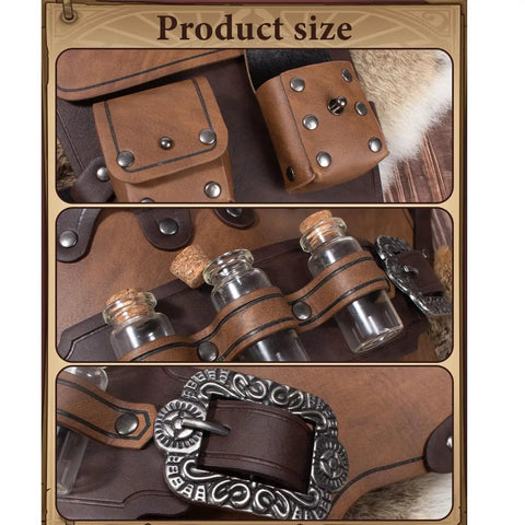 Close-up of Adjustable Gothic Spaulders With Vials And Coin Pouch Armor, featuring brown leather details and buckle.