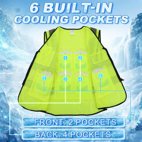 Inside view of Boss-Level Cooling Vest that holds eight cold ice packs featuring 6 built-in cooling pockets, high visibility design.