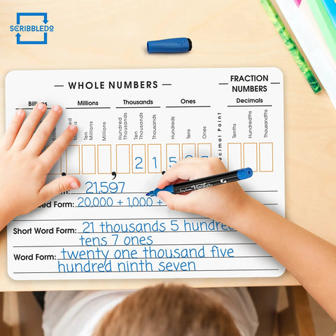 Child writing on Double Sided Place Value Board 9x12 Inches For Kids, Dry Erase Math Manipulative To Teach Place Values From Billions