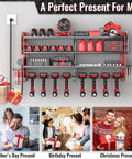 Power Tool Organizer Wall Mount With Charging Station 4 Layer Heavy Duty Metal Cordless Tool Rack With 8 Drill Slots And Hammer Screwdriver Holders Garage Ready Tool Storage Shelf Red Pro mounted on a wall with tools and gifts below