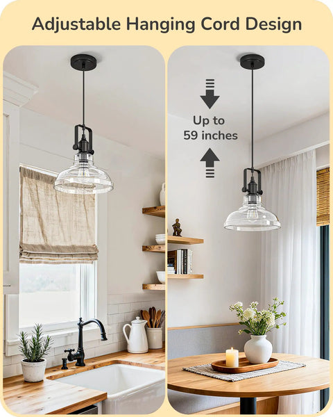 Killer Matte Black Pendant Light With Handcrafted Seeded Glass Shade For Kitchen Island Dining Table, adjustable 59 inch cord