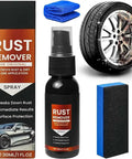 Rust Be Gone Fast Metal Rust Remover Spray For Iron And Chrome Multi Surface Cleaner pack with spray bottle, sponge, and cloth.