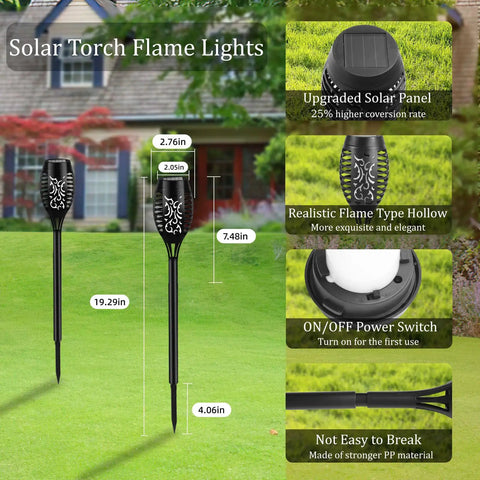 Solar Flickering Flame Outdoor Torch Lights For Garden Decor Waterproof 12 LED Torches with solar panel and switch details
