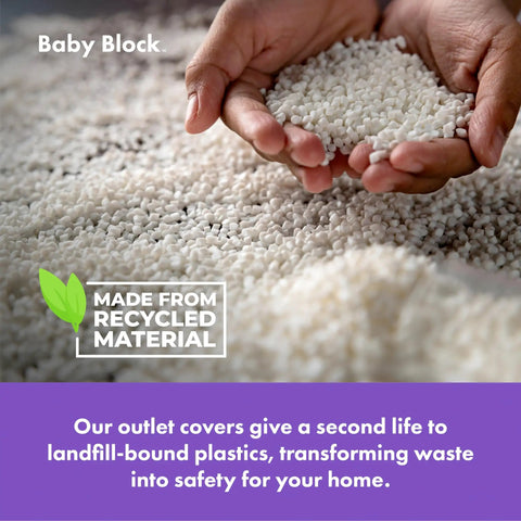 Hands holding recycled plastic pellets used for Extra Large Outlet Cover Box For Baby Proofing Bulky Plugs And Wide Adapters.