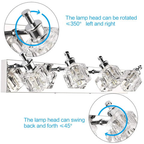 Crystal 4 Light Bathroom Vanity Fixture Chrome Finish LED Wall Mount Over Mirror Lighting with adjustable glass lampshades