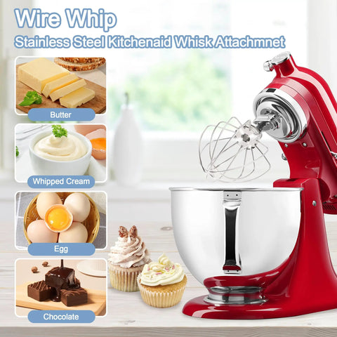 Stainless Steel 6-Wire Whip Attachment for Tilt-Head Stand Mixers Replacement K45SS Compatible shown on red mixer