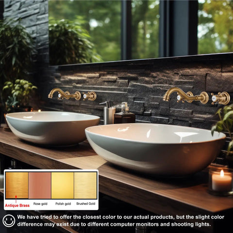 Widespread Bathroom Sink Faucet Wall Mount With Three Holes And Double Handles Solid Brass Lavatory Basin Mixer Tap Hot Cold Sign Indicators Antique Brass Finish Heavy Duty Commercial Grade Bath Faucet Built To Last alongside dual modern basins in a contemporary bathroom setting.