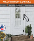 Right-handed steel jamb mount handrail in rain, 18 inch black outdoor stair rail mounted on wooden deck of a white house