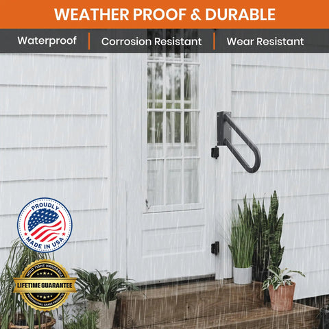 Right-handed steel jamb mount handrail in rain, 18 inch black outdoor stair rail mounted on wooden deck of a white house