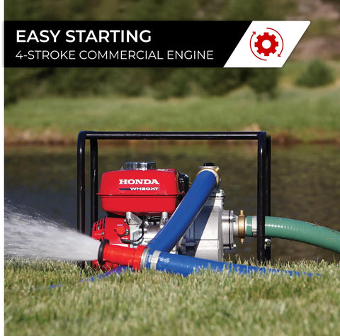 Heavy Duty 2 Inch High Pressure Water Pump For Yard Drainage With Straight Up Badass Performance Built To Crush Flooded Ground And Clean Garden Beds Fast Wh20xtaf Model, showing Honda WH20XT engine with hoses.