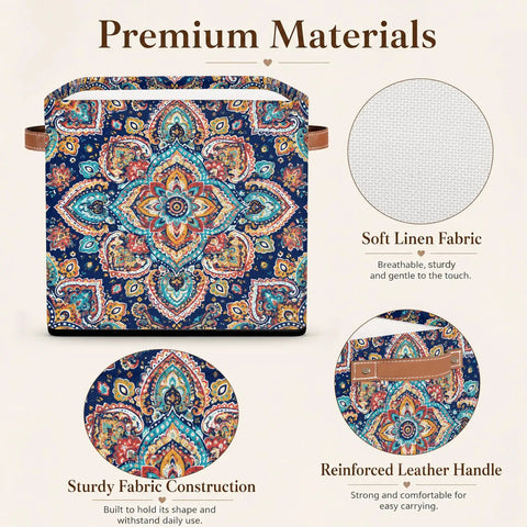 Foldable Paisley Mandala Storage Basket 13 Inch Cube with soft linen fabric and reinforced leather handles for organization.