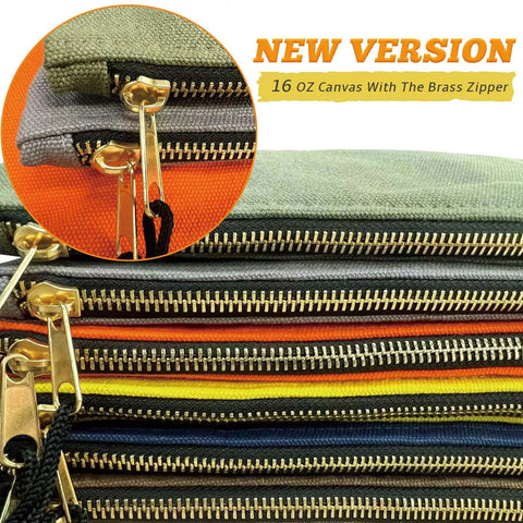 Stack of assorted colored pouches with brass zippers, part of Heavy Duty Canvas Tool Bag Organizer Set Of 7 Pouches In Assorted Colors 12.5 Inch By 7 Inch Durable Storage For Tools And Gear With Reinforced Stitching And Zippered Compartments Machine Washable For Easy Maintenance.