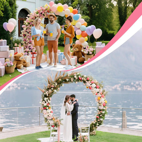 Massive Metal Garden Arch Trellis For Weddings And Parties 8 By 7 Feet Heavy Duty Arch Frame adorned with balloons and flowers.
