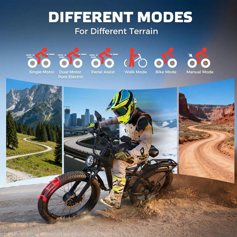 8000W Dual Motor Fat Tire Electric Bike For Adults With Full Suspension And 52 MPH Top Speed 60V 32Ah Battery 26x4 All Terrain Tires SHM 7 Speed Gear Ready For City Trails And Off Road Adventures shown in different riding modes