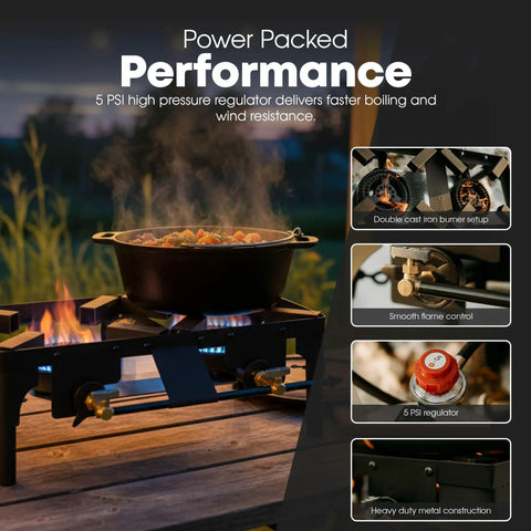 Double Propane Camp Burner With Adjustable Height And Removable Legs Four Tier for outdoor cooking, showing flame control and regulator
