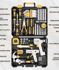 188 Piece Home Tool Kit With Cordless Drill Power Set organized in case with tools like pliers, tape measure, and wrenches.