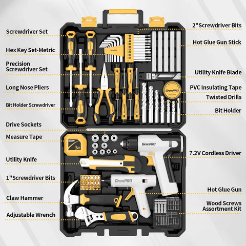 188 Piece Home Tool Kit With Cordless Drill Power Set organized in case with tools like pliers, tape measure, and wrenches.