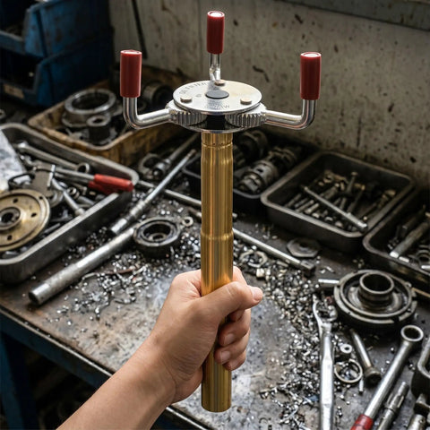 Pro Grade Smoke Sensor Extraction Tool Featuring A Rock Solid Aluminum Claw Grip, held in hand, against a workshop background.