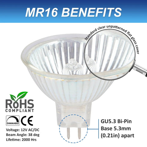 MR16 Halogen Light Bulbs 20W 12V, 10 Pack, GU5.3 Bi Pin, Dimmable, 2700K Warm White, Glass Cover, Eco Halogen Low Voltage