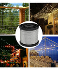 Four images showing Globe String Light Suspension Kit For Outdoor Patio And Garden with 304 stainless steel wire and various setups.