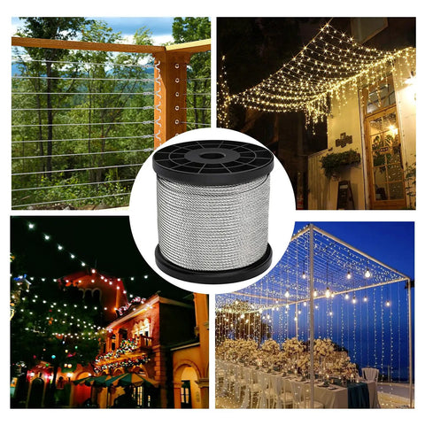 Four images showing Globe String Light Suspension Kit For Outdoor Patio And Garden with 304 stainless steel wire and various setups.