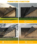Tough As Nails Heavy Duty Outdoor Firewood Storage Rack With Weather Resistant 600D Cover showcasing sunlight, rain, wind, dust protection.