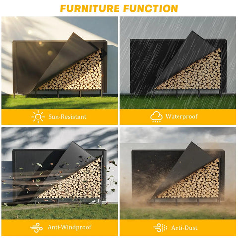 Tough As Nails Heavy Duty Outdoor Firewood Storage Rack With Weather Resistant 600D Cover showcasing sunlight, rain, wind, dust protection.