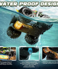 Underwater view of Waterproof Remote Control Car With Water Gun 1:18 Amphibious 4WD Monster Truck, showing dual motors and tire detail.