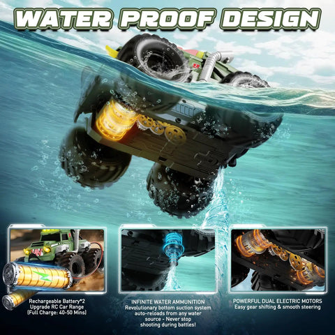 Underwater view of Waterproof Remote Control Car With Water Gun 1:18 Amphibious 4WD Monster Truck, showing dual motors and tire detail.