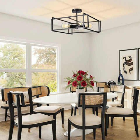 4 Light Black Semi Flush Mount Ceiling Light Fixture With Industrial Farmhouse Vibe in a modern dining room setting