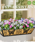 2 Pack 24 Inch Window Box Planters With Adjustable Brackets For Porch Fence Patio Balcony Hanging Flower Baskets Black Metal Outdoor Garden Decor With Woven Fabric And Elegant Butterfly Design filled with colorful flowers against window.