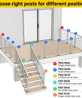 Diagram of deck with labeled cable railing posts including Cable Railing Post 36 Inch Square 2x2 Brushed Finish Top Mount End Post.