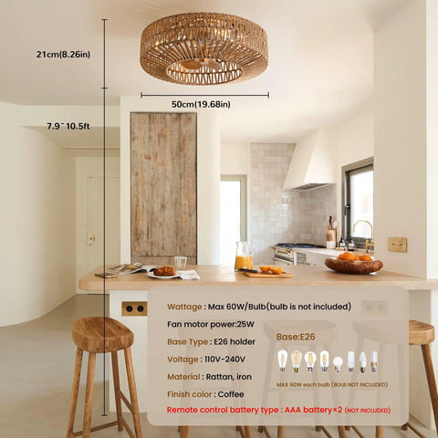 Boho Caged Fandelier With Lights Flush Mount Ceiling Fan With Remote Control Rattan Enclosed Ceiling Fan With Six Speeds