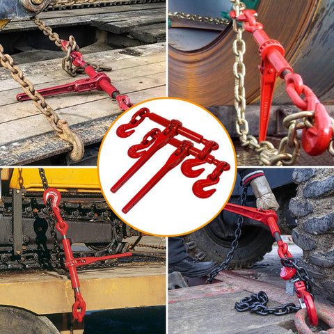 Heavy Duty Ratchet Binders Three Eighths To One Half Inch Four Pack Nine Thousand Two Hundred Fifteen Lbs Working Load G70 Hooks Adjustable Length For Grade Seventy To Eighty Chains Tie Down Hauling And Towing Red on various vehicles