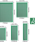 Double Sided PCB Board Prototype Kit For DIY Soldering With 32 Pieces In Five Sizes, shown with measurements