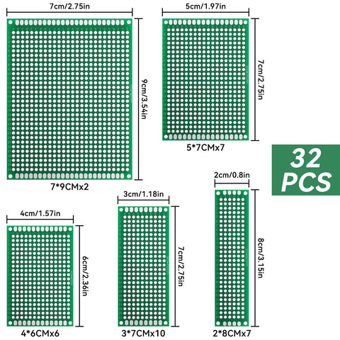 Double Sided PCB Board Prototype Kit For DIY Soldering With 32 Pieces In Five Sizes, shown with measurements