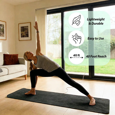 Woman doing yoga indoors with Portable Copper Grounding Rod Kit, showing 40 ft reach and benefits like lightweight and easy use.