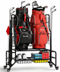 All In One Golf Bag Storage Organizer For Garage Or Shed Double Bag Stand With Extra Wide Shelves Fits Two Full Size Bags Plus Shoes Balls Clubs And Accessories Heavy Duty Golf Gear Rack