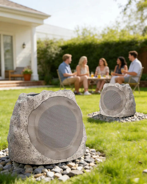 Rock Style Outdoor Bluetooth Speakers With Lights For Patio And Pool, Waterproof, Solar Powered, stone look speakers in garden setting.