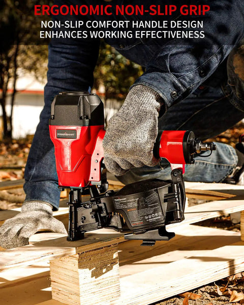 Man using 15 Degree Roofing Nailer Coil Kit With 120 Nail Magazine And 240 Nails for shingle installation, ergonomic handle visible.