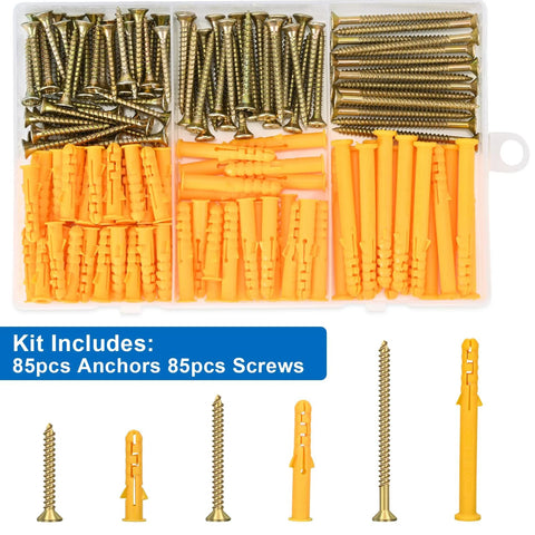 Drywall Anchors Kit With 170 Pieces For Secure Mounting Of Picture Frames Shelves And Curtain Rods Including 85 Plastic Anchors And 85 Philips Flat Head Screws In Three Sizes Size 6 1.18 Inch Size 6 1.57 Inch And Size 6 2.36 Inch in an organized case